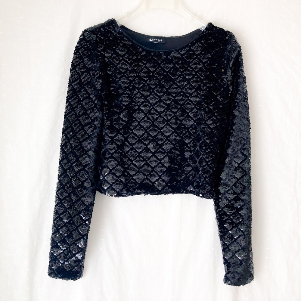 Express sequins long sleeve crop top,black.Size S/P